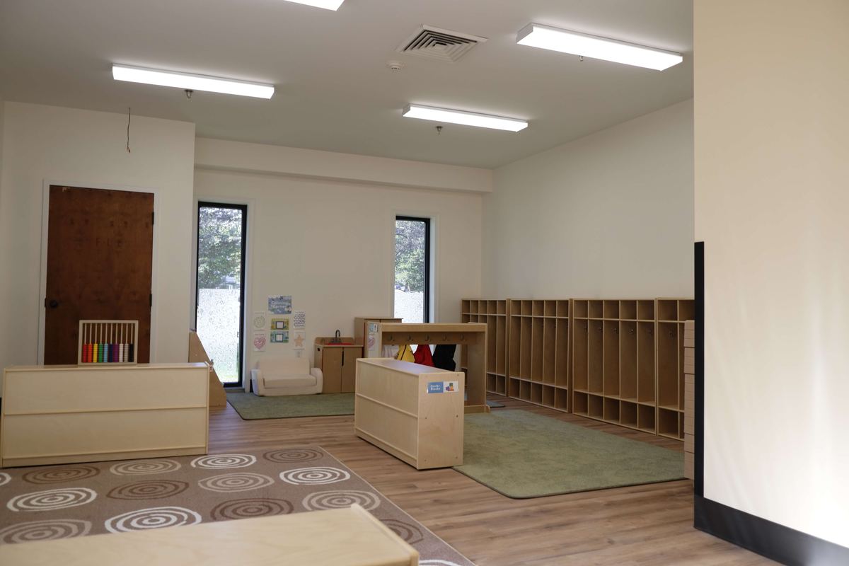 Cubbies and classroom shelves in the two-year-olds room at Newark Nature School, Newark, DE