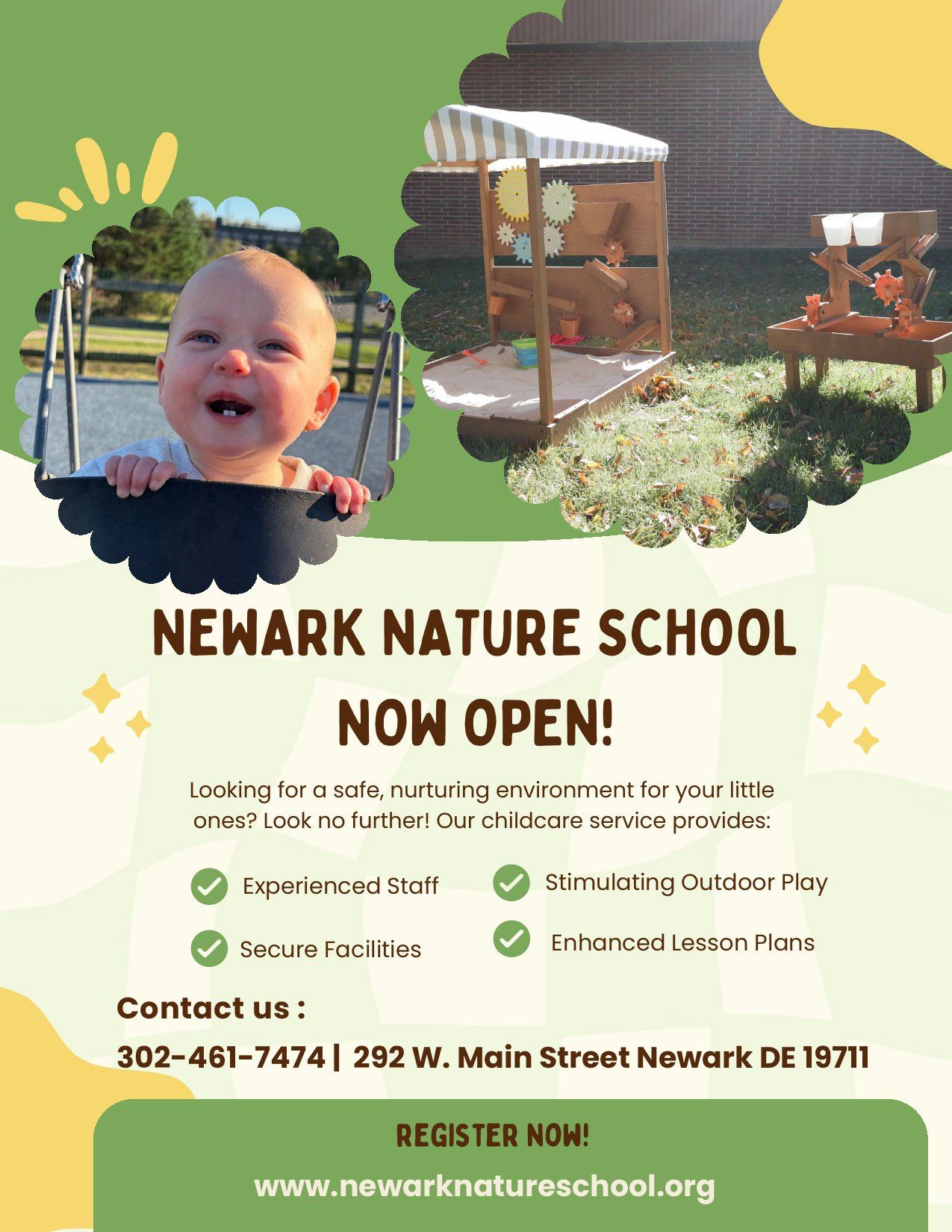 Newark Nature School Now Open flyer: daycare at 292 W. Main Street, Newark, DE 19711, (302) 461-7474
